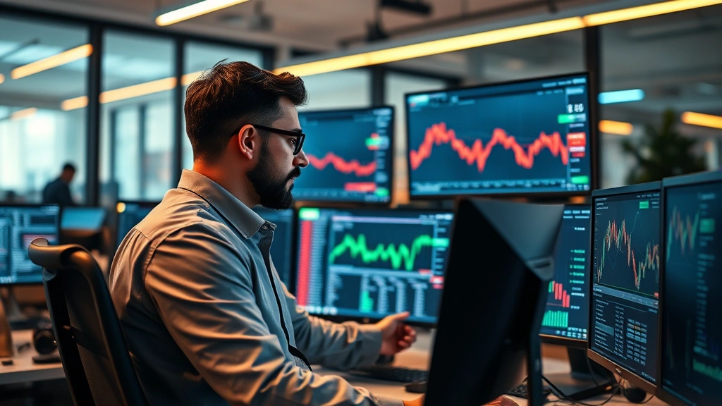 Photorealistic photograph of a professional analyst reviewing cryptocurrency data on multiple monitors in a modern office, showing focused research environment with warm lighting and financial market atmosphere, no visible text on screens