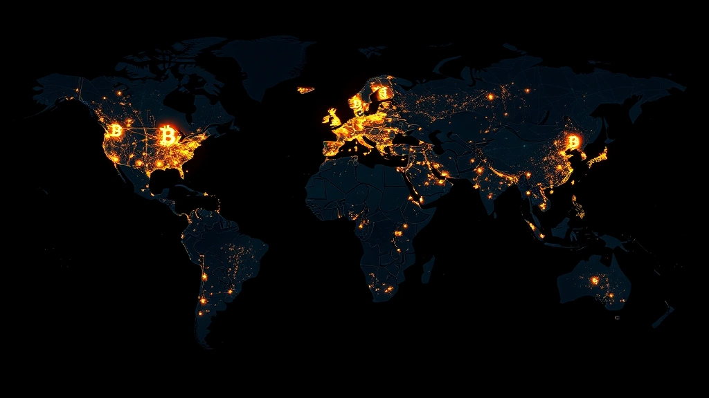 Global map with glowing nodes and connection lines representing Bitcoin network adoption across continents, illustrating worldwide cryptocurrency ecosystem and decentralized nature