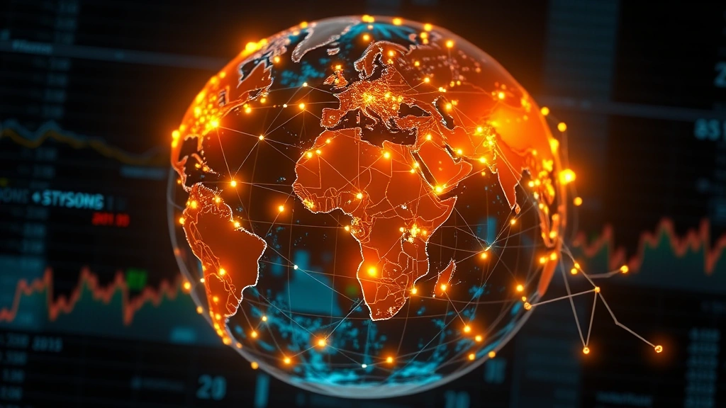 Photorealistic image of a digital globe with interconnected blockchain nodes glowing across continents, representing Bitcoin's global network and institutional adoption, with abstract financial growth visualization in background, no text elements