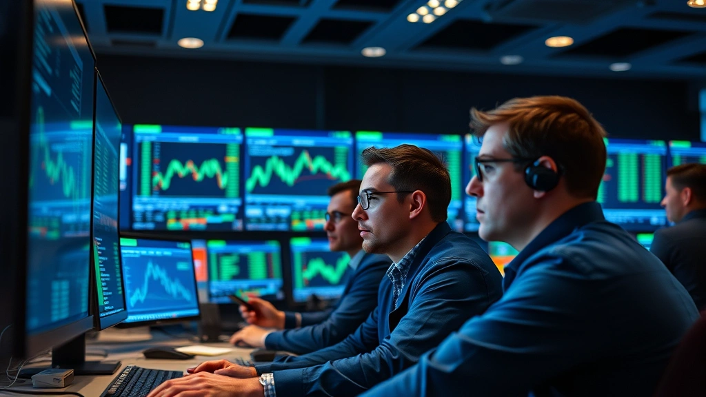 Diverse group of cryptocurrency traders monitoring market charts on multiple screens in professional trading floor, blue and green data visualizations, focused expressions, cinematic lighting