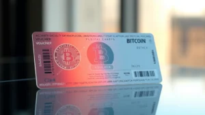 Photorealistic image of a modern Bitcoin physical voucher card with holographic security features displayed on a sleek glass surface with soft ambient lighting, no text visible