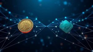 Split blockchain visualization showing Bitcoin and Bitcoin Cash forking paths, digital ledger branching into two directions, cryptocurrency network diagram with distinct pathways, photorealistic 3D blockchain nodes separating into two chains, no text labels or identifiers