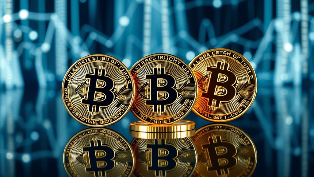 Photorealistic image of physical Bitcoin and Bitcoin Cash coins on a dark reflective surface with blockchain network visualization in background, professional lighting, no text or numbers