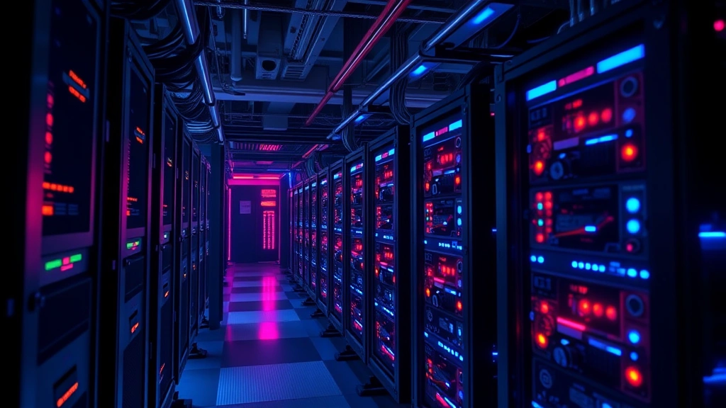 Cryptocurrency mining operation with multiple ASIC miners operating simultaneously, industrial mining facility with rows of computing hardware, glowing blue and red LED lights on mining equipment, thermal imaging style visualization of hash power distribution, no charts or text overlays