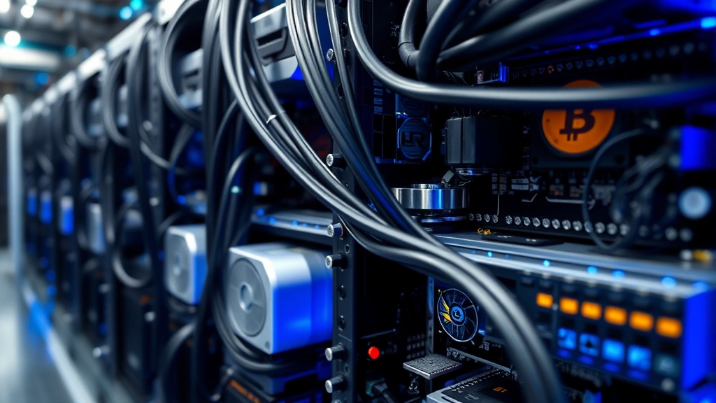 Detailed close-up of cryptocurrency mining hardware with circuit boards and cooling systems in operation, blue and white lighting, industrial environment, no text or indicators