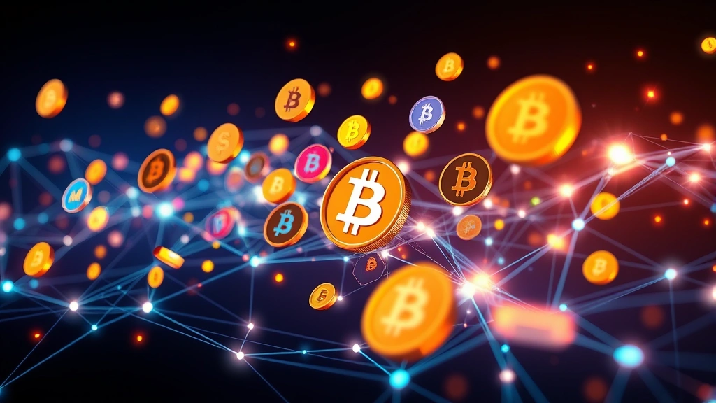 Digital wallet interface showing multiple cryptocurrency coins and tokens in abstract form, colorful cryptocurrency symbols floating in cyberspace, blockchain network nodes interconnected with glowing lines, financial technology concept art with coins and digital assets, no ticker symbols or price information