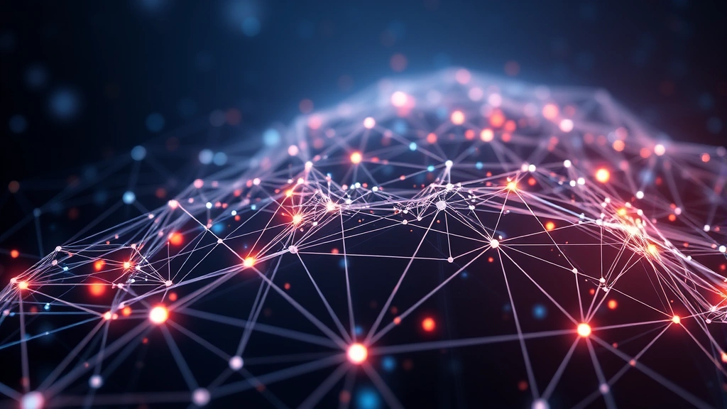 Abstract visualization of blockchain network nodes and connections spreading across digital space, representing distributed ledger technology, modern tech aesthetic, no labels or text
