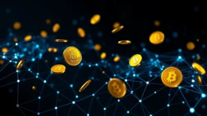 Digital blockchain visualization with gold coins and Bitcoin symbols floating in cyberspace, representing the merger of physical and digital assets, photorealistic lighting on dark background with glowing network nodes