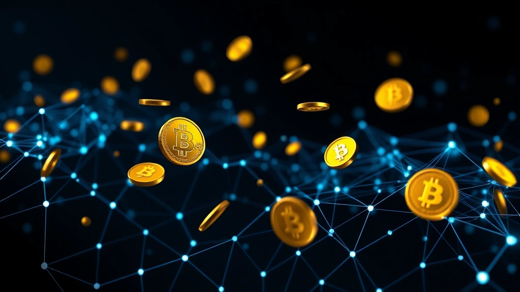 Digital blockchain visualization with gold coins and Bitcoin symbols floating in cyberspace, representing the merger of physical and digital assets, photorealistic lighting on dark background with glowing network nodes