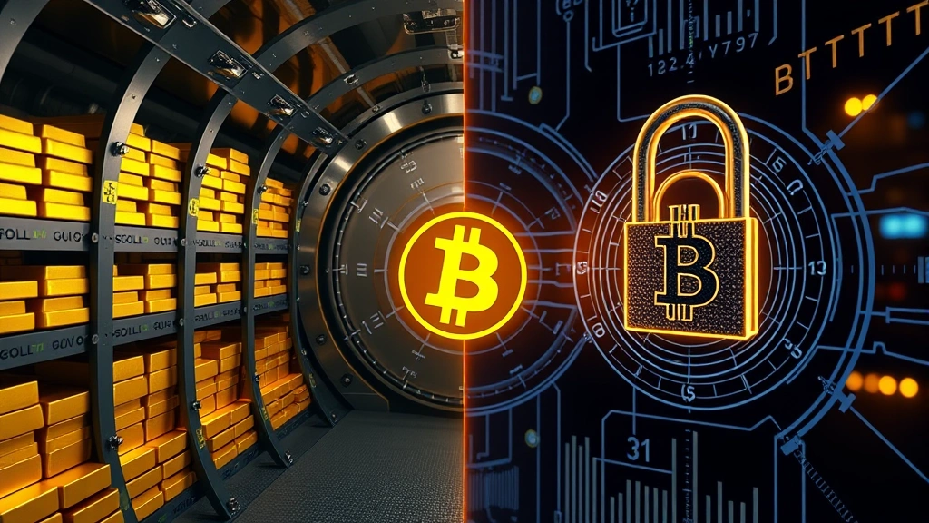 Global central bank vault interior with gold bars stacked in secure storage, contrasted with digital security lock interface representing Bitcoin, split-screen composition showing old and new wealth preservation methods