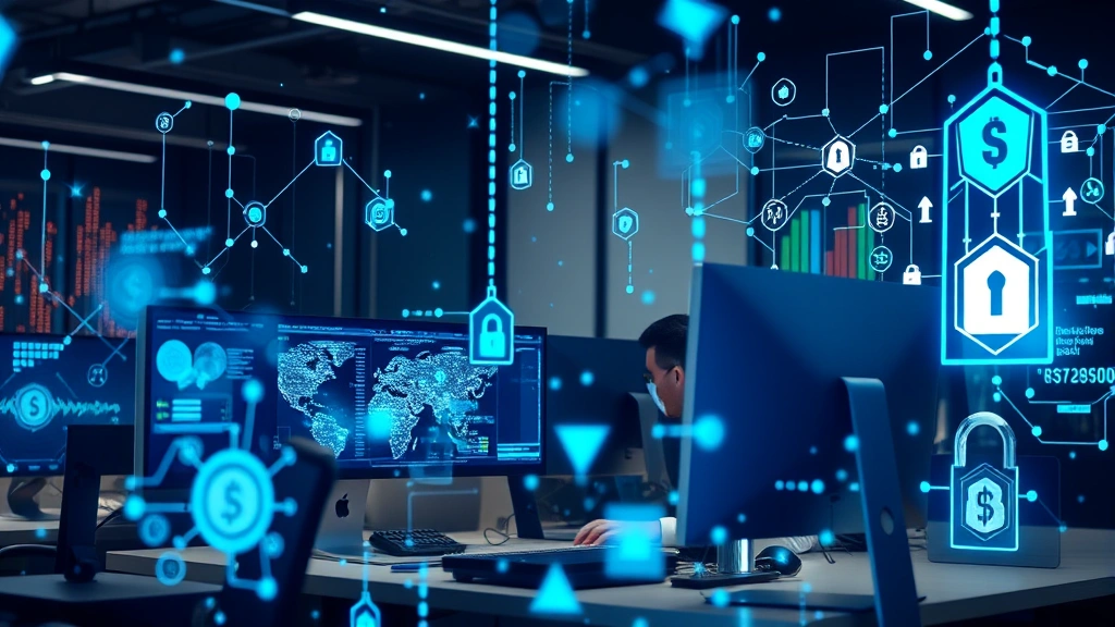 Professional cryptocurrency developer working at computer surrounded by blockchain network visualizations, holographic code displays, and digital security elements in modern office environment