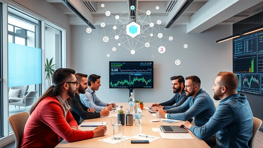 Diverse team of crypto professionals in collaborative meeting, discussing blockchain technology with digital network diagrams floating above table, modern tech startup ambiance with cryptocurrency charts on screens