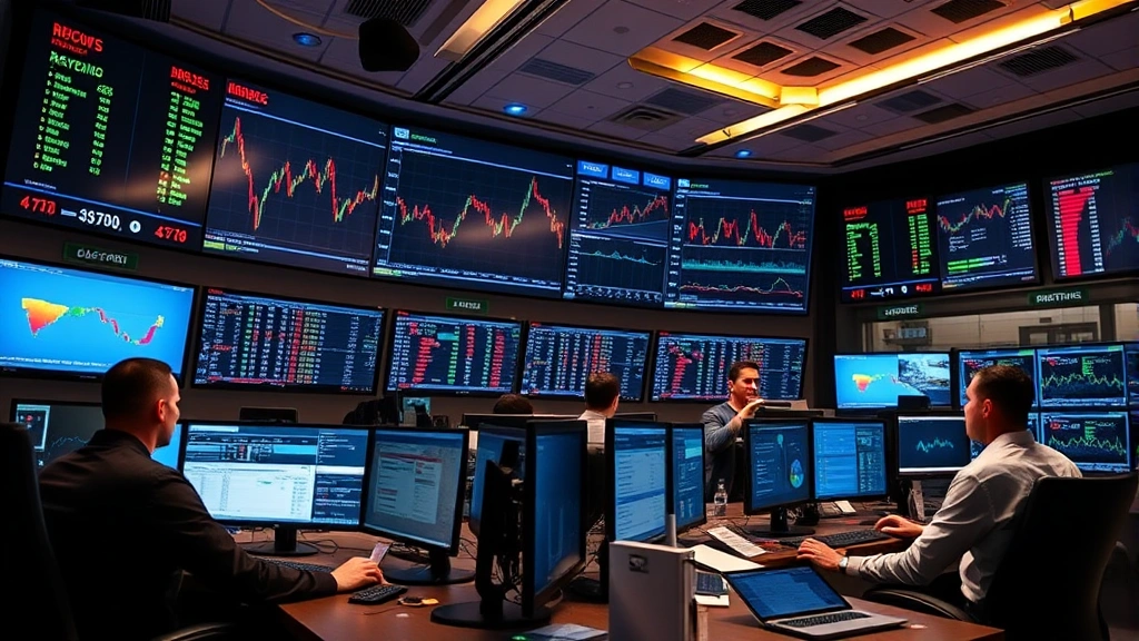 Cryptocurrency exchange trading floor with multiple professionals monitoring market data, blockchain analytics dashboards, and real-time price movements on large displays in professional environment