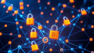 Photorealistic illustration of Bitcoin blockchain architecture with interconnected nodes and cryptographic locks, blue and orange color scheme, no text, representing network security and distributed consensus