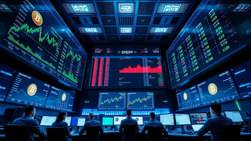Photorealistic image of a sleek modern financial trading floor with multiple large screens displaying cryptocurrency data, traders in professional attire monitoring systems, blue and green lighting, no text or charts visible