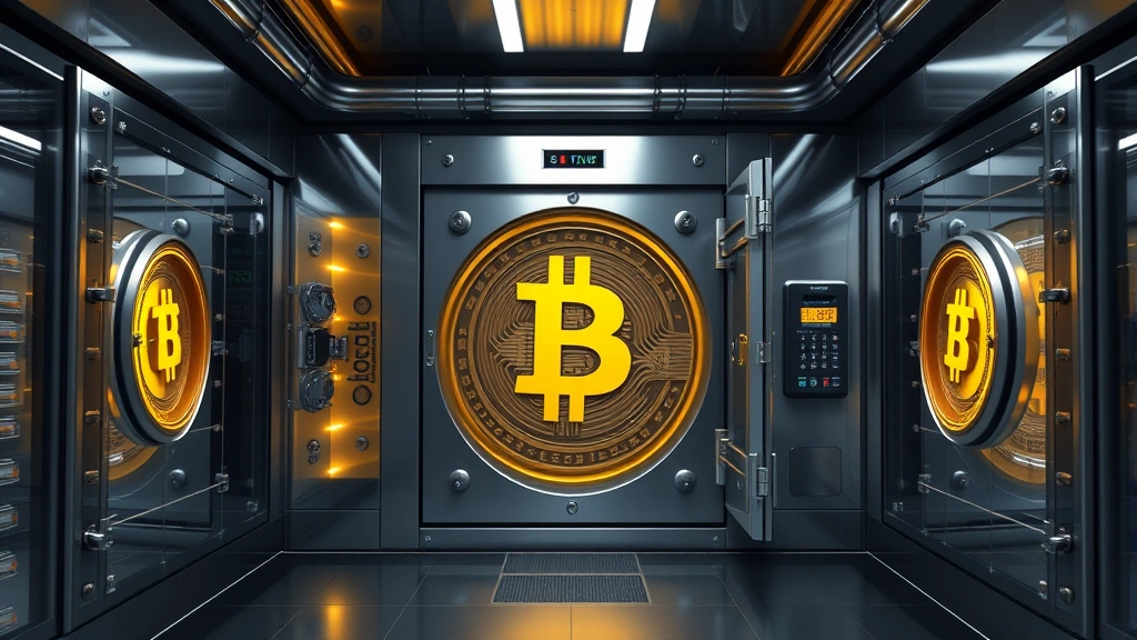Photorealistic image of a professional custody vault with security mechanisms, representing institutional-grade Bitcoin storage and asset protection, modern architecture with steel and glass elements, no visible text