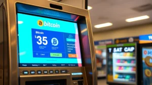 Photorealistic close-up of a modern cryptocurrency ATM machine with illuminated screen displaying Bitcoin purchase interface, sleek metallic design, in a well-lit convenience store setting, no text visible on screen