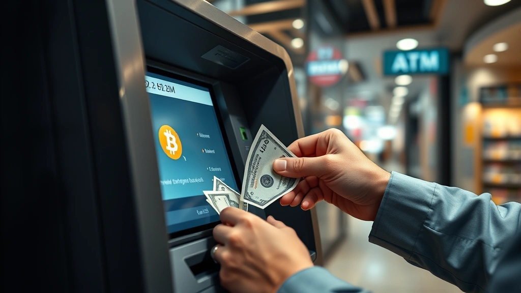 Photorealistic image of hands inserting cash into a modern cryptocurrency ATM, showing the cash slot mechanism, professional lighting, urban retail environment background, focus on transaction process