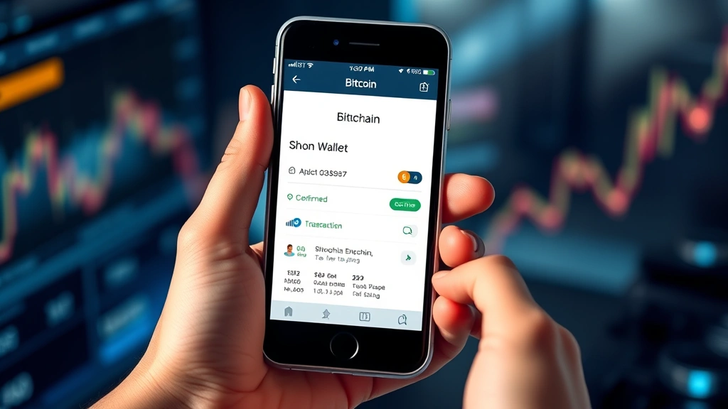 Photorealistic photograph of a smartphone displaying a Bitcoin wallet with confirmed transaction, hands holding phone, blockchain explorer visible, secure environment, modern design interface, no readable text or charts