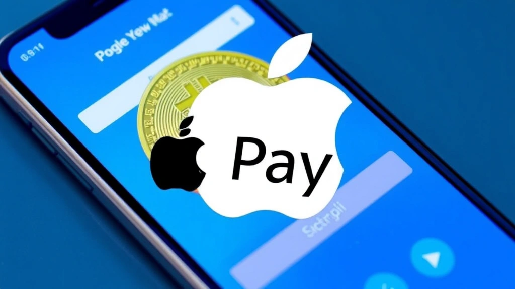 Digital wallet displaying Bitcoin symbol with Apple Pay logo overlay, blue and silver color scheme, modern fintech aesthetic, smartphone interface showing cryptocurrency transaction