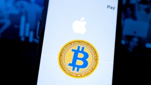 Digital payment integration showing Apple Pay symbol merging with Bitcoin logo, cryptocurrency exchange interface visible on smartphone screen, secure blue tone background
