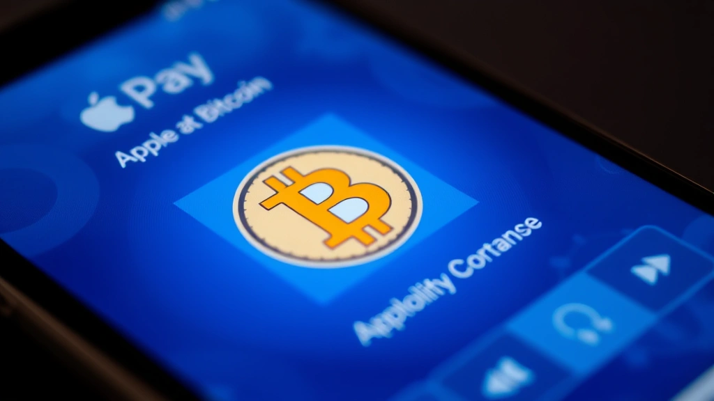 Close-up of smartphone displaying Apple Pay interface with Bitcoin symbol, digital wallet security visualization, modern fintech aesthetic, blue and silver tones, no text or numbers visible