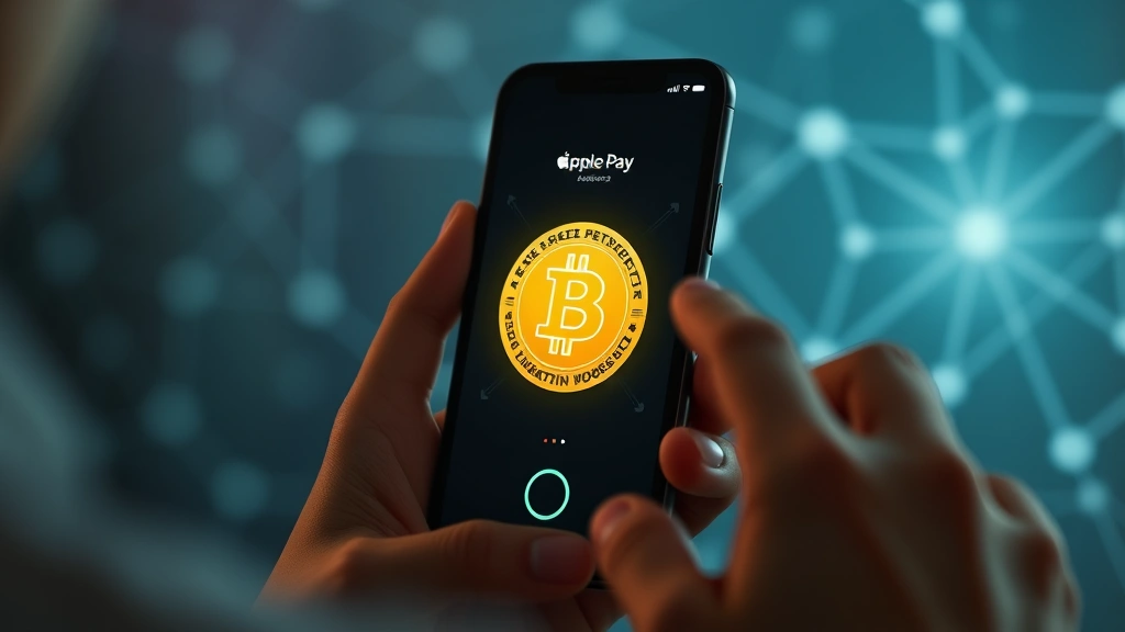 Person using Face ID on smartphone to authorize Bitcoin payment through Apple Pay, biometric security visualization, modern fintech aesthetic with subtle blockchain network patterns in background, professional lighting