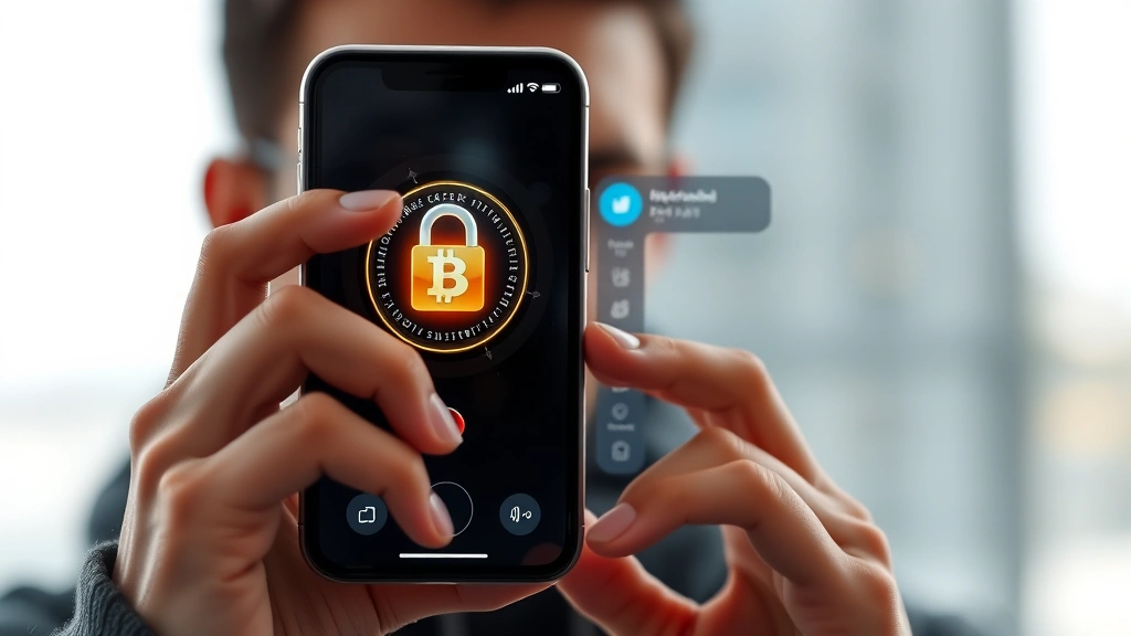 Person using Face ID on iPhone to authorize Bitcoin purchase, glowing security lock icon, cryptocurrency wallet dashboard displayed, modern fintech aesthetic