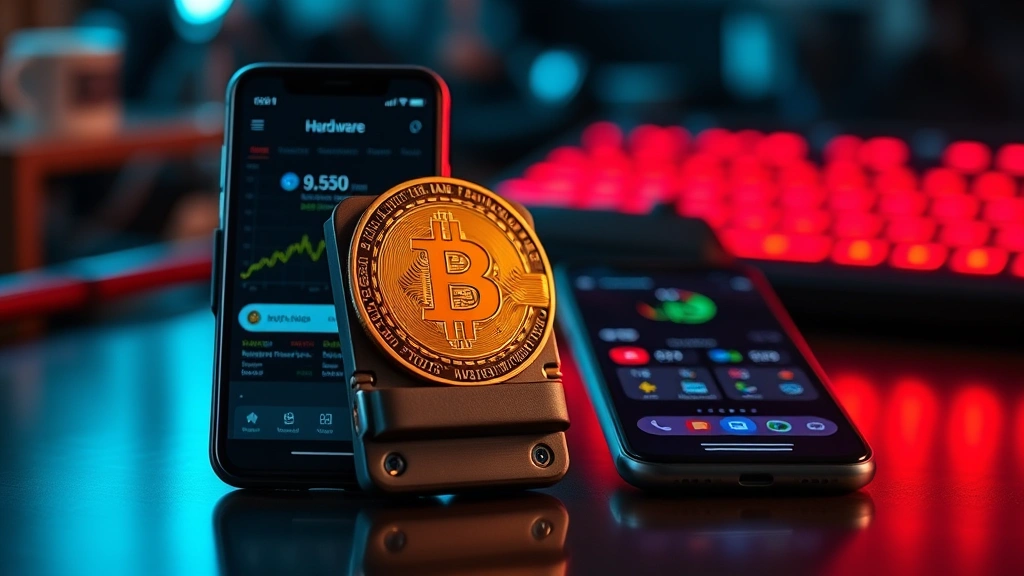 Hardware cryptocurrency wallet device next to smartphone showing exchange app, representing secure Bitcoin storage solution, modern technology photography, cool lighting, emphasizing security and protection aspects