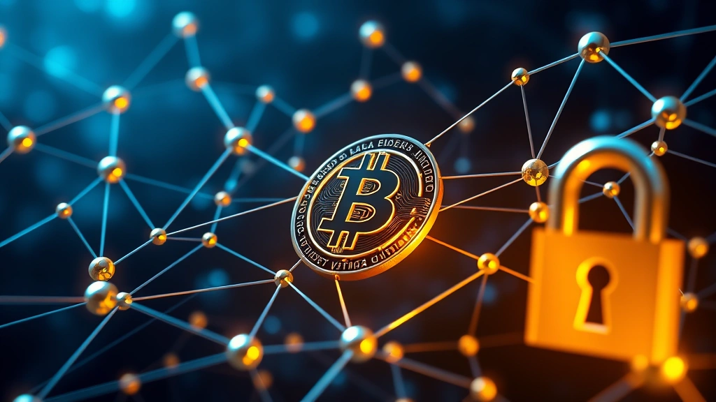 Abstract visualization of Bitcoin blockchain network with interconnected nodes, digital security padlock, cryptographic elements, modern tech aesthetic, deep blue and gold colors, photorealistic lighting