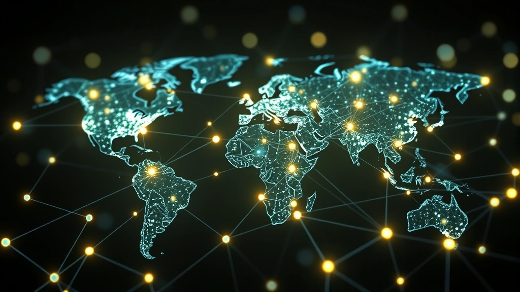 Photorealistic image of interconnected blockchain nodes representing global financial settlement networks, with glowing digital connections between nodes, no text or labels