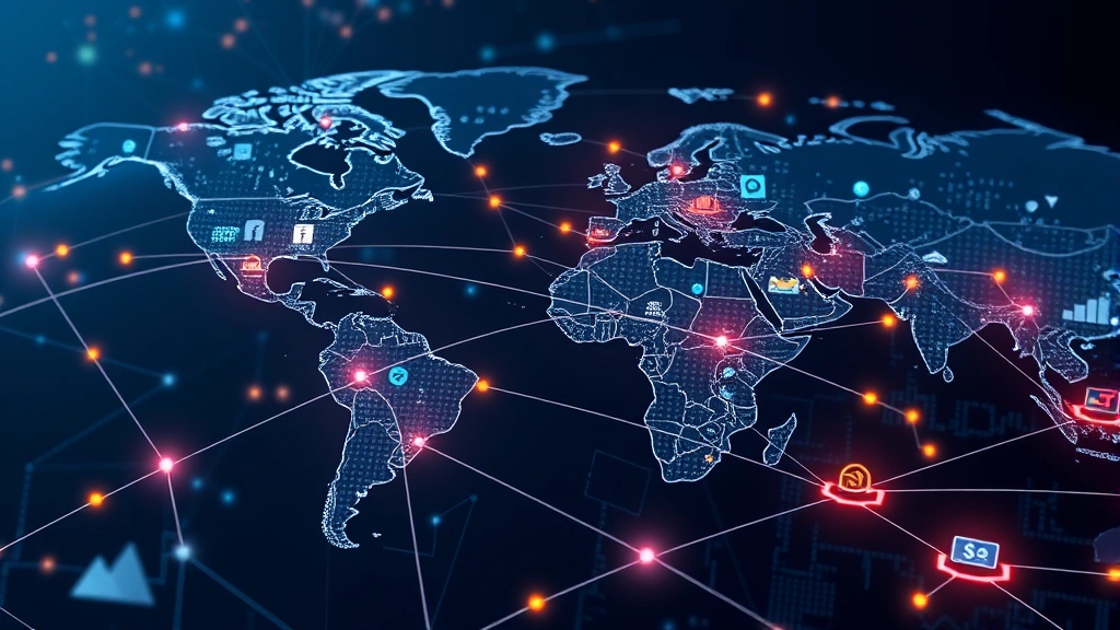 Photorealistic visualization of global financial institutions connected through a decentralized network infrastructure, showing seamless cross-border transaction flows with blockchain elements, no text or information overlays