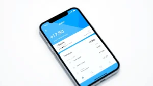 Digital wallet interface on smartphone screen showing Bitcoin balance and transaction history with modern minimalist design, blue and white color scheme, photorealistic rendering
