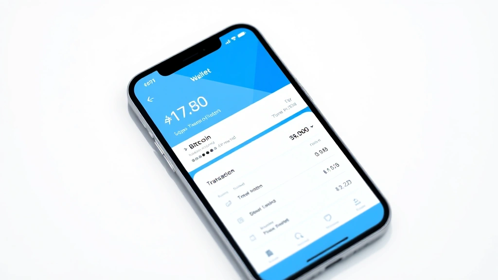 Digital wallet interface on smartphone screen showing Bitcoin balance and transaction history with modern minimalist design, blue and white color scheme, photorealistic rendering