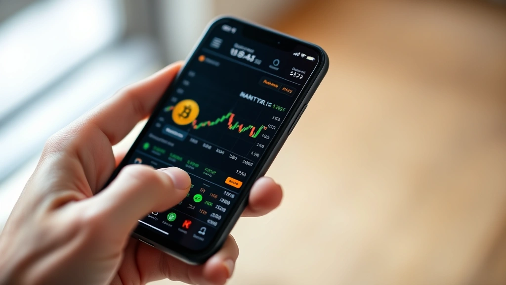 Close-up of hands holding smartphone displaying cryptocurrency exchange interface with price charts and Bitcoin symbol, professional lighting and shallow depth of field