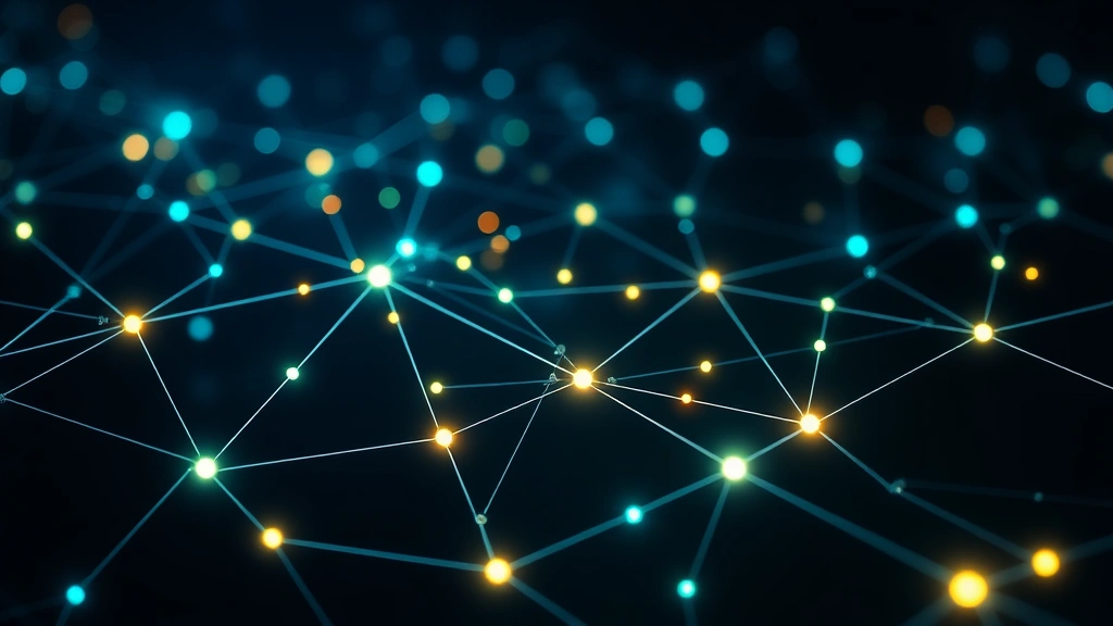 Abstract representation of blockchain network nodes connected by glowing lines, representing Bitcoin network transactions and decentralized technology, dark background with blue and green accents
