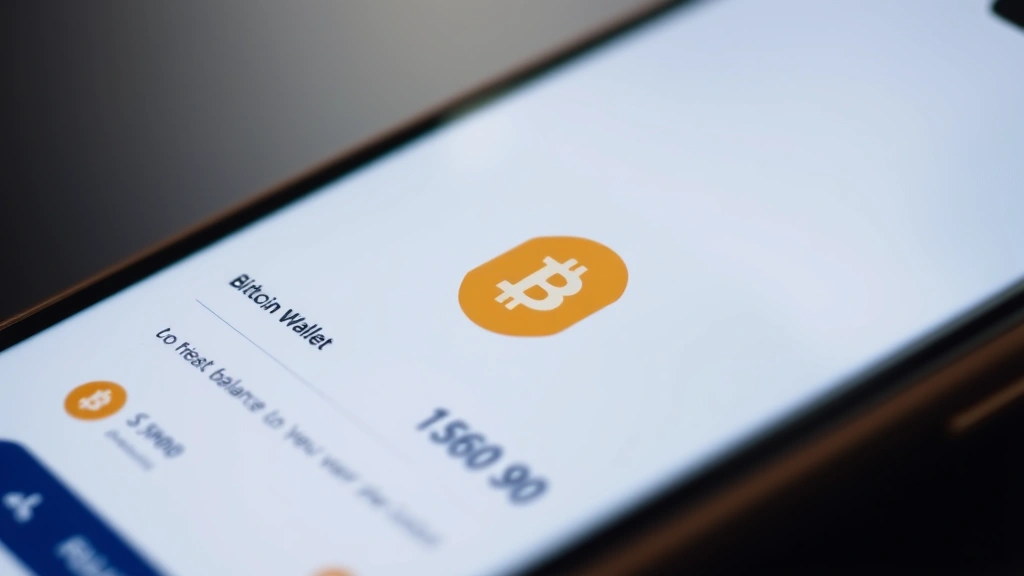 Close-up of a smartphone displaying a Bitcoin wallet application interface with balance visible, modern minimalist design, digital currency symbol glowing softly, professional crypto app aesthetic