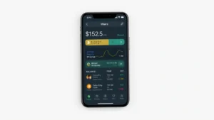 Photorealistic image of a smartphone displaying a Bitcoin wallet interface with balance information and transaction history, clean modern design, cryptocurrency app aesthetic, no text visible