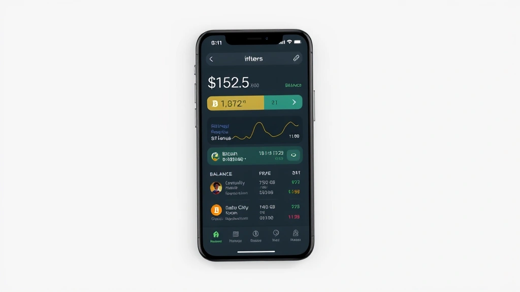 Photorealistic image of a smartphone displaying a Bitcoin wallet interface with balance information and transaction history, clean modern design, cryptocurrency app aesthetic, no text visible