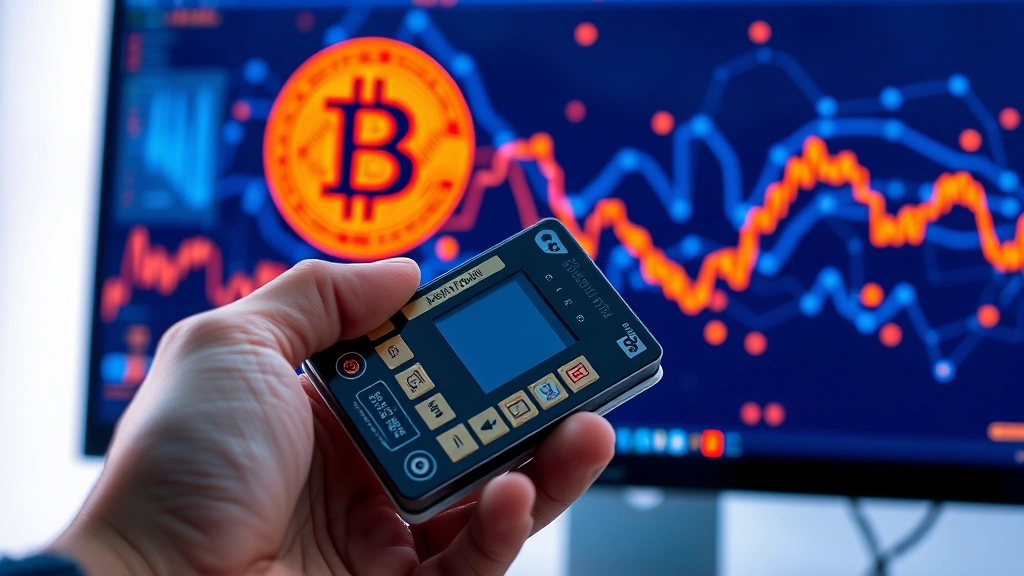 Person holding a hardware wallet device next to a computer screen, Bitcoin network visualization in background, blue and orange color scheme, secure digital asset storage concept, photorealistic