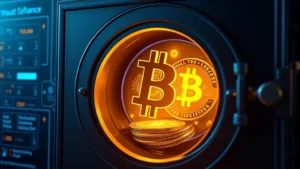 Photorealistic image of a secure digital vault with glowing Bitcoin symbols inside, representing cryptocurrency collateral held in escrow, modern tech aesthetic with blue and gold lighting