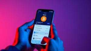 Person holding smartphone with Bitcoin wallet app displayed, blue and orange lighting, modern minimalist design, close-up of hands and device screen showing transaction interface