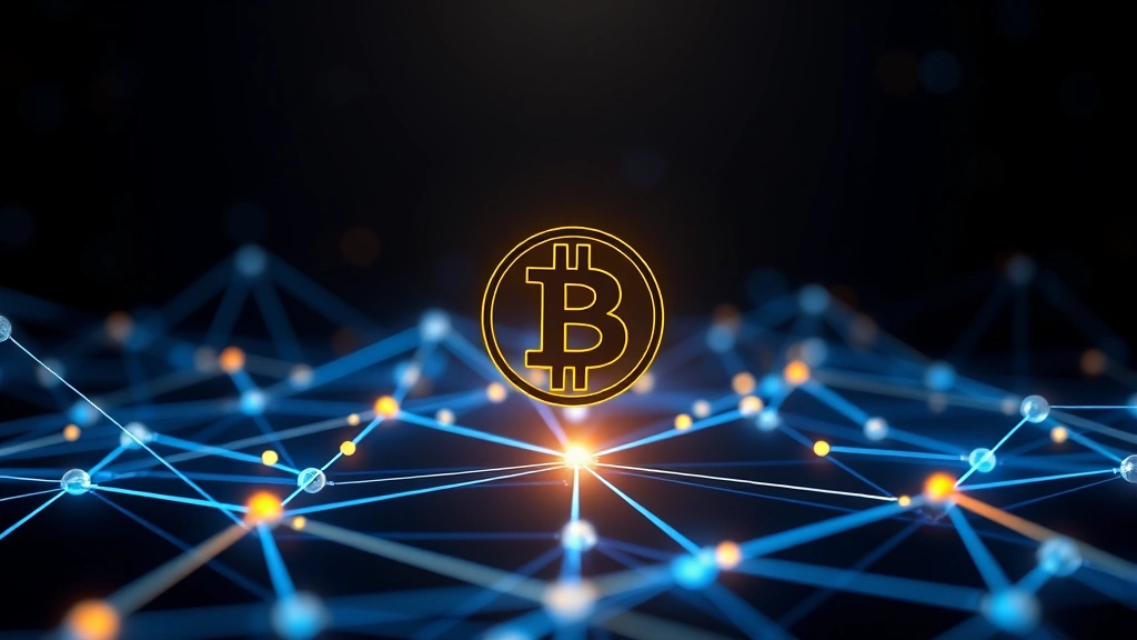 Futuristic digital visualization of blockchain network nodes connected by glowing lines, Bitcoin symbol floating in center, dark background with blue and gold color scheme