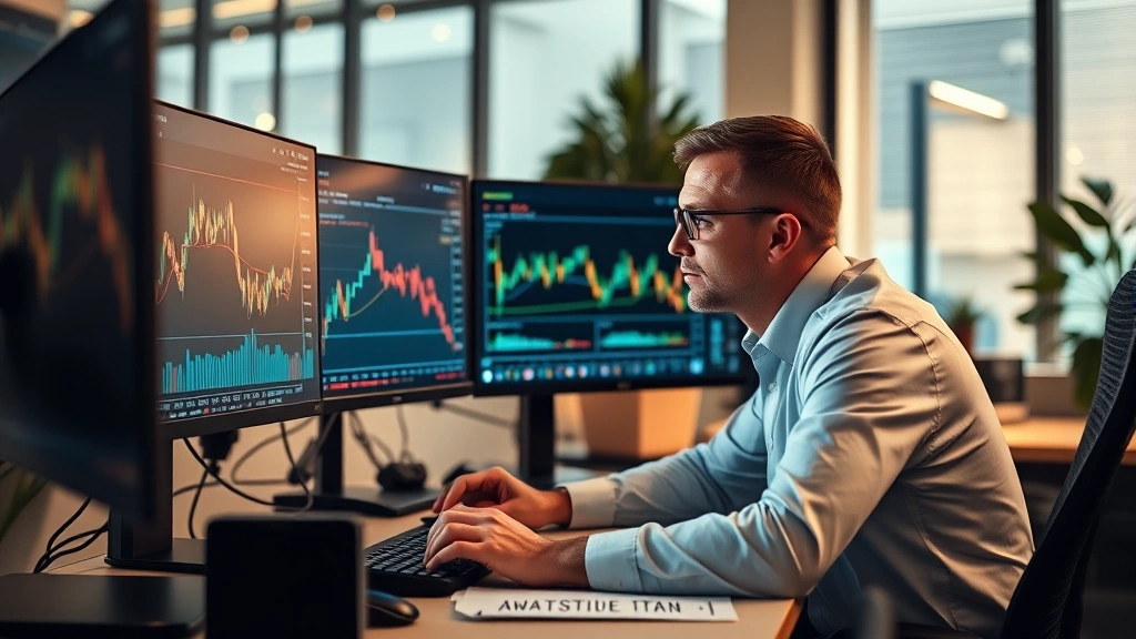 Professional investor studying multiple cryptocurrency charts on computer monitors in a modern office, focused expression, warm desk lighting, papers with analysis notes nearby