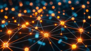 Photorealistic image of blockchain network nodes interconnected with glowing lines, representing Bitcoin's decentralized consensus mechanism and peer-to-peer architecture, digital technology aesthetic