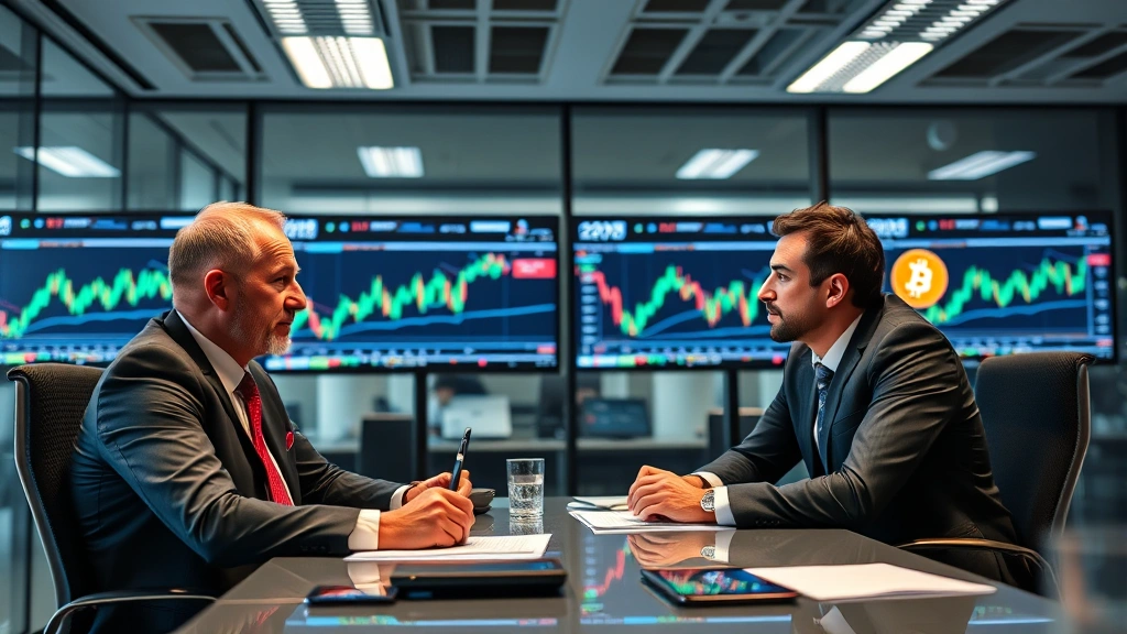 Realistic photograph of institutional investors in modern office discussing cryptocurrency investments with screens showing Bitcoin charts in background, professional finance environment