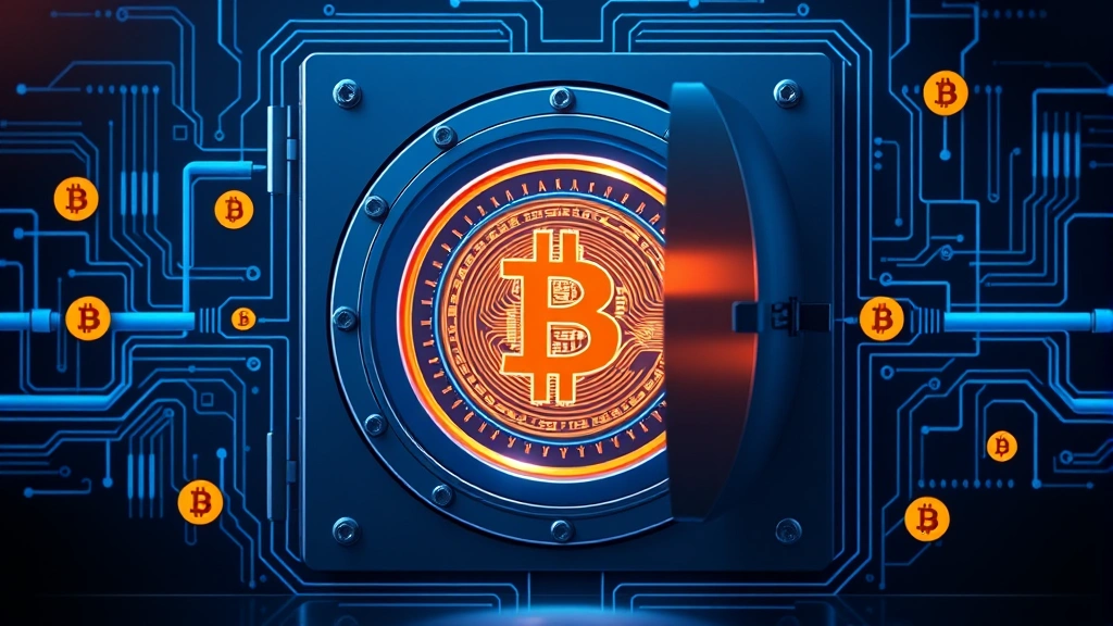 Photorealistic image of a digital vault or secure storage system with Bitcoin symbols, representing store of value concept and cryptocurrency security infrastructure