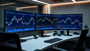 A sleek modern trading desk with multiple monitors displaying cryptocurrency charts and market data, professional environment with blue and green candlestick indicators, digital asset portfolio visualization