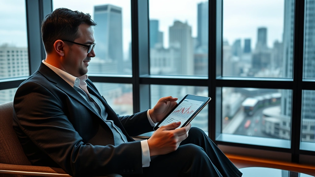 A professional investor reviewing portfolio performance on a tablet device, sitting in a modern office with city skyline visible through windows, representing wealth management and digital asset investment strategy