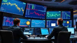 Professional institutional trading floor with multiple screens displaying Bitcoin price charts and data, traders in business attire analyzing markets, modern office environment with sleek technology setup